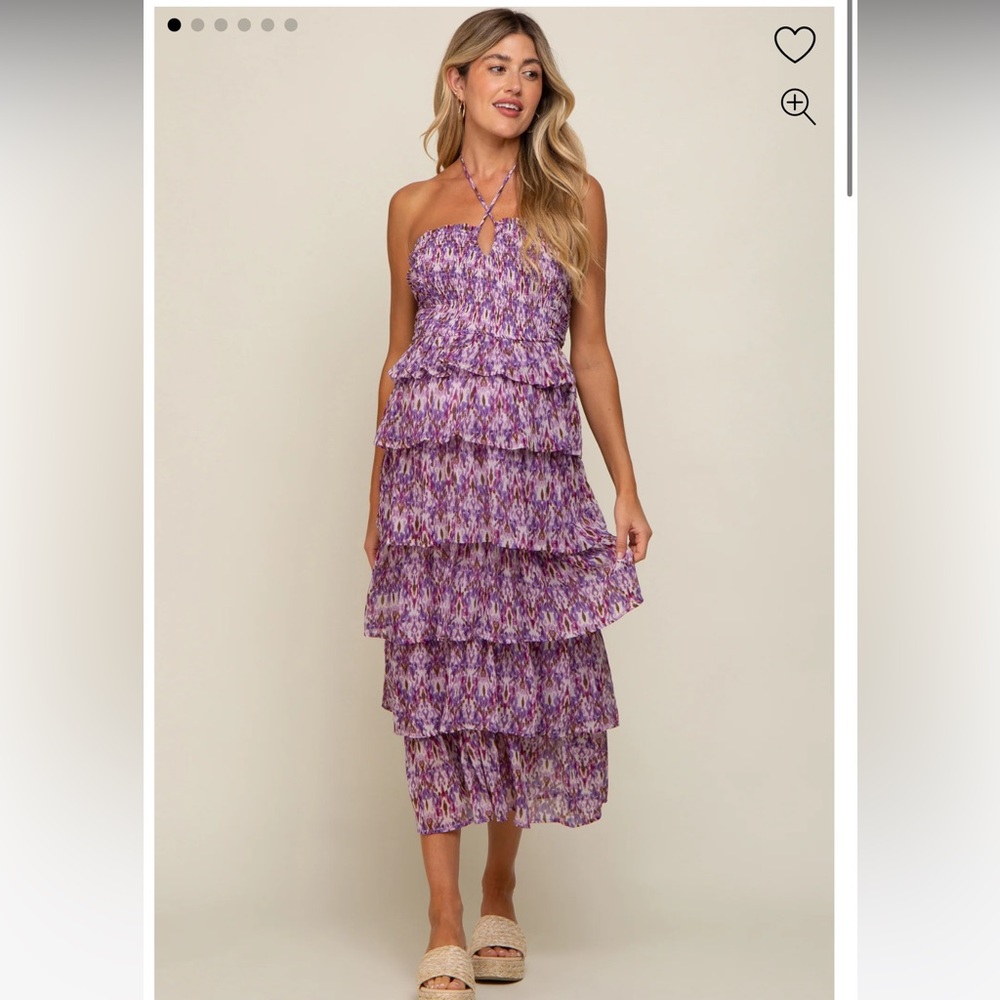 Purple Smocked Ruffle Tiered Halter Maternity Midi Dress | Pink Blush Maternity